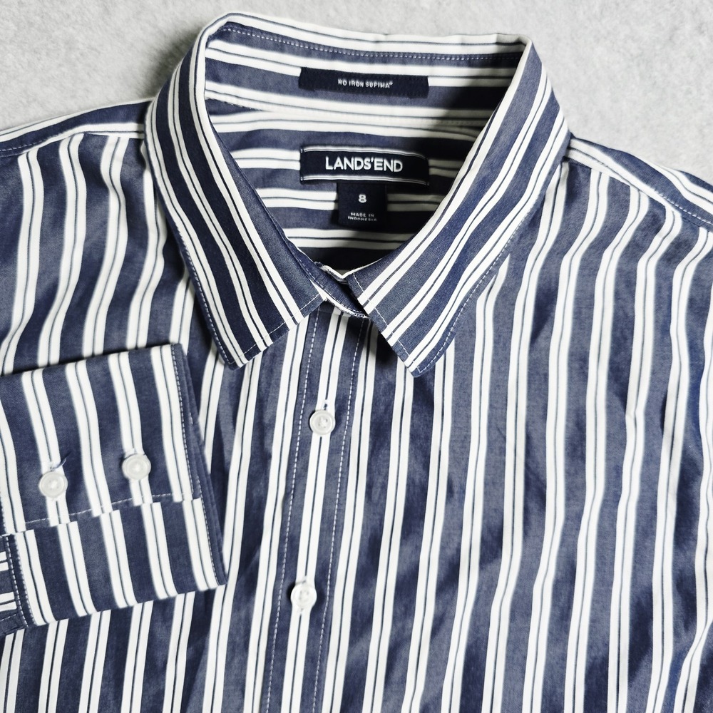 Lands End Shirt Womens Size 8 Blue Striped Long Sleeve Button Up Cotton Office